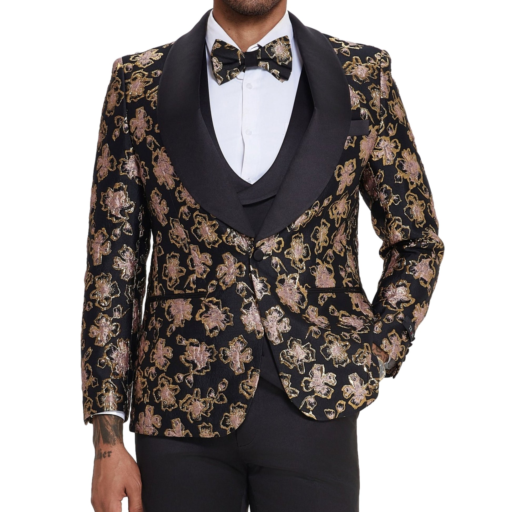 Rose Gold with Blush Flower Tuxedo Full View, Satin Black Pants Detail, Black Satin Lapels on Jacket, Black Tuxedo Vest with Satin Lapels, Elegant Black Buttons, Slim Fit Tuxedo, Rose Gold Blush Flower Bowtie.