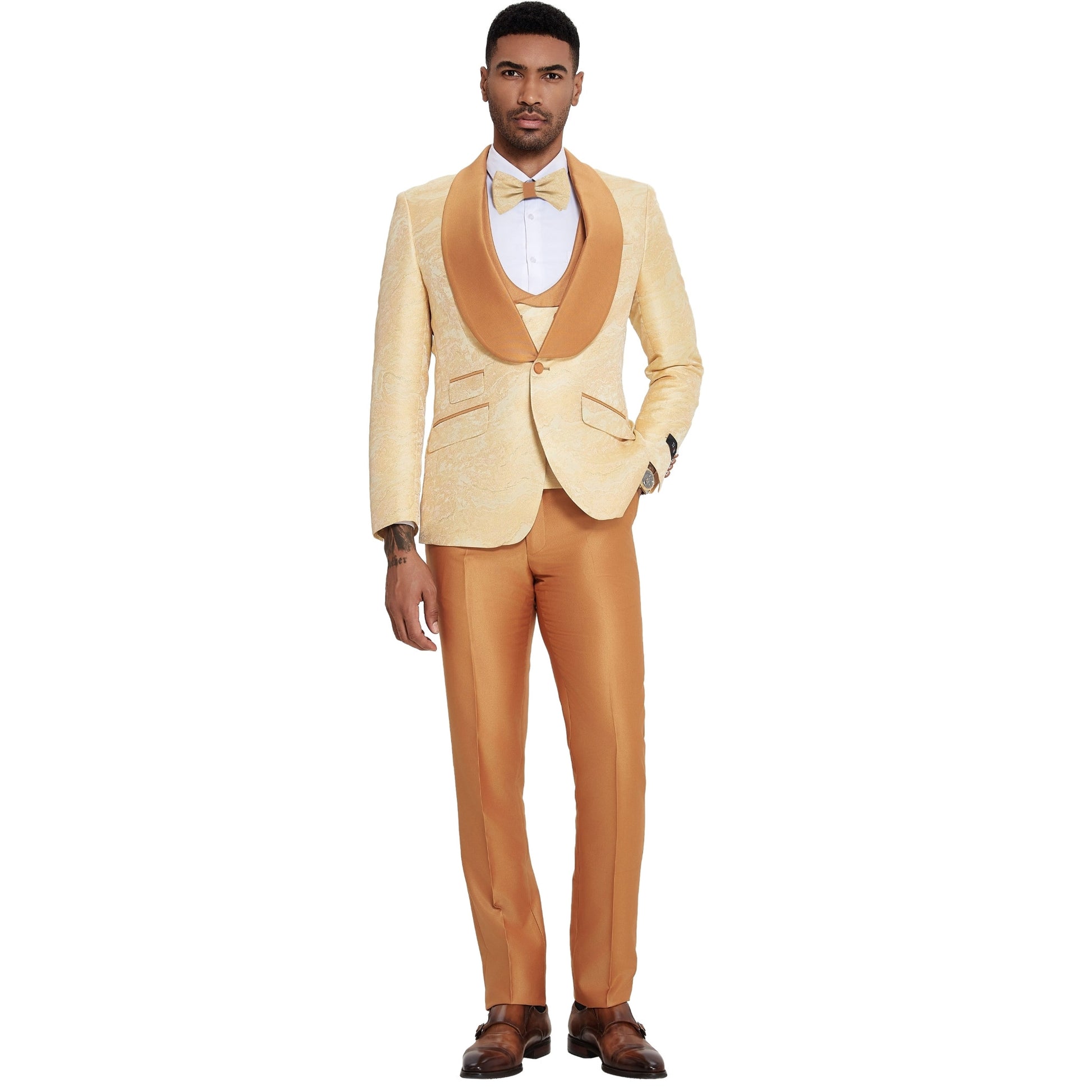 Burnt Orange Tuxedo Full View, Satin Burnt Orange Pants, Burnt Orange Satin Shawl Lapels on Jacket, Burnt Orange Tuxedo Vest, Detailed Burnt Orange Buttons, Slim Fit Men's Suit, Matching Burnt Orange Bowtie.