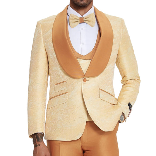 Burnt Orange Tuxedo Full View, Satin Burnt Orange Pants, Burnt Orange Satin Shawl Lapels on Jacket, Burnt Orange Tuxedo Vest, Detailed Burnt Orange Buttons, Slim Fit Men's Suit, Matching Burnt Orange Bowtie.