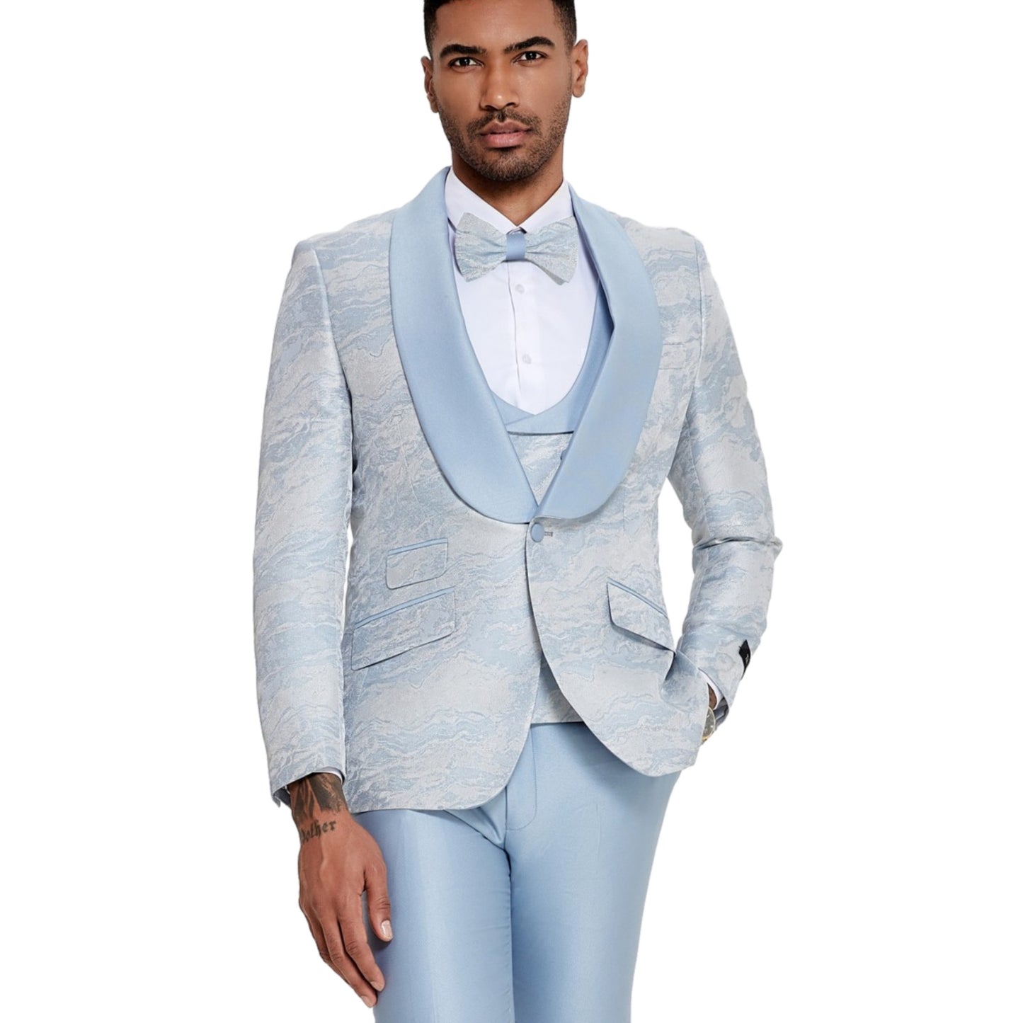 Powdered Blue Tuxedo Full Ensemble, Satin Powdered Blue Pants, Powdered Blue Satin Lapels on Jacket, Elegant Powdered Blue Vest, Detailed Powdered Blue Buttons, Slim Fit Tuxedo Style, Matching Powdered Blue Bowtie.