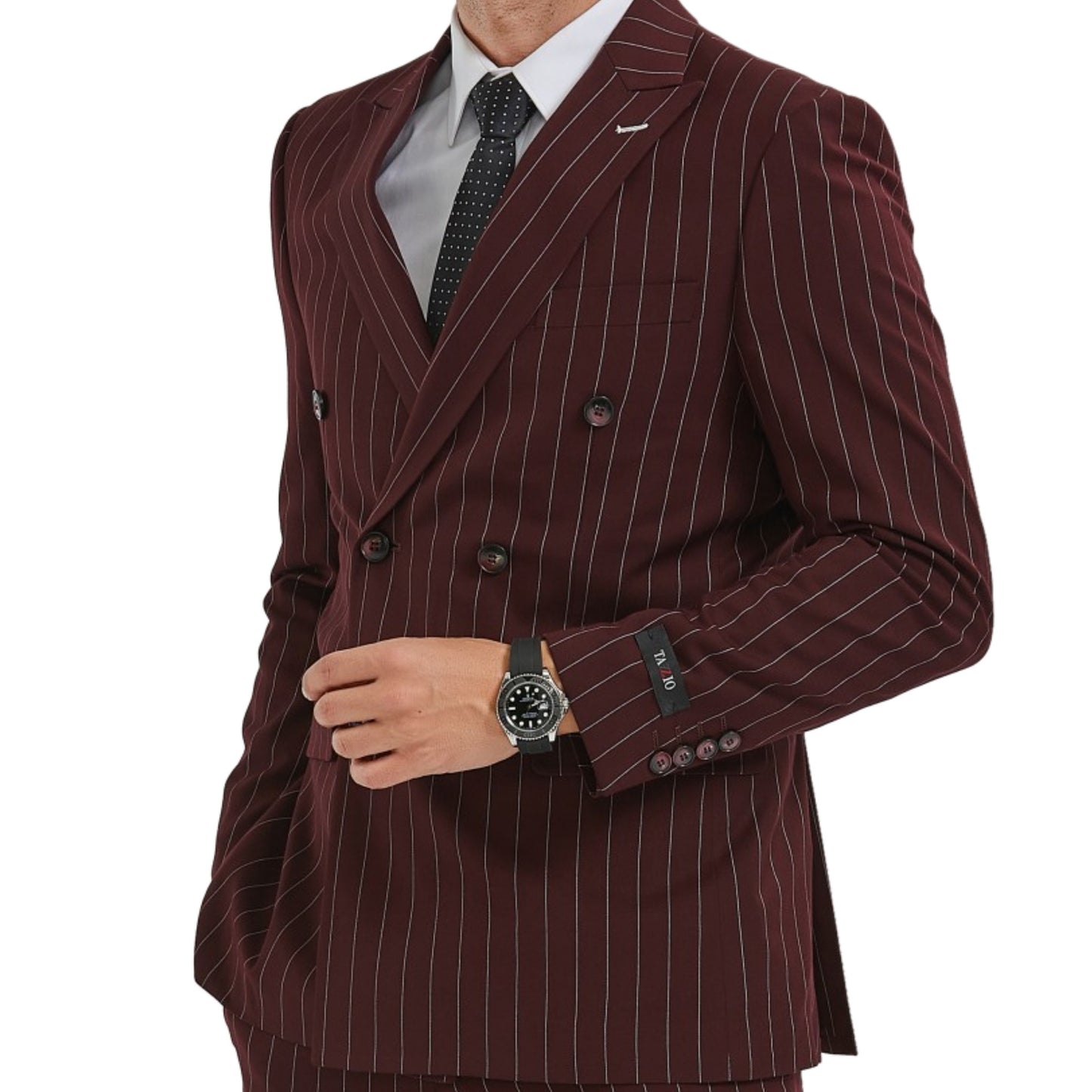 KCT Menswear's Burgundy Pinstripe Double-Breasted Suit showcasing elegance and modern tailoring