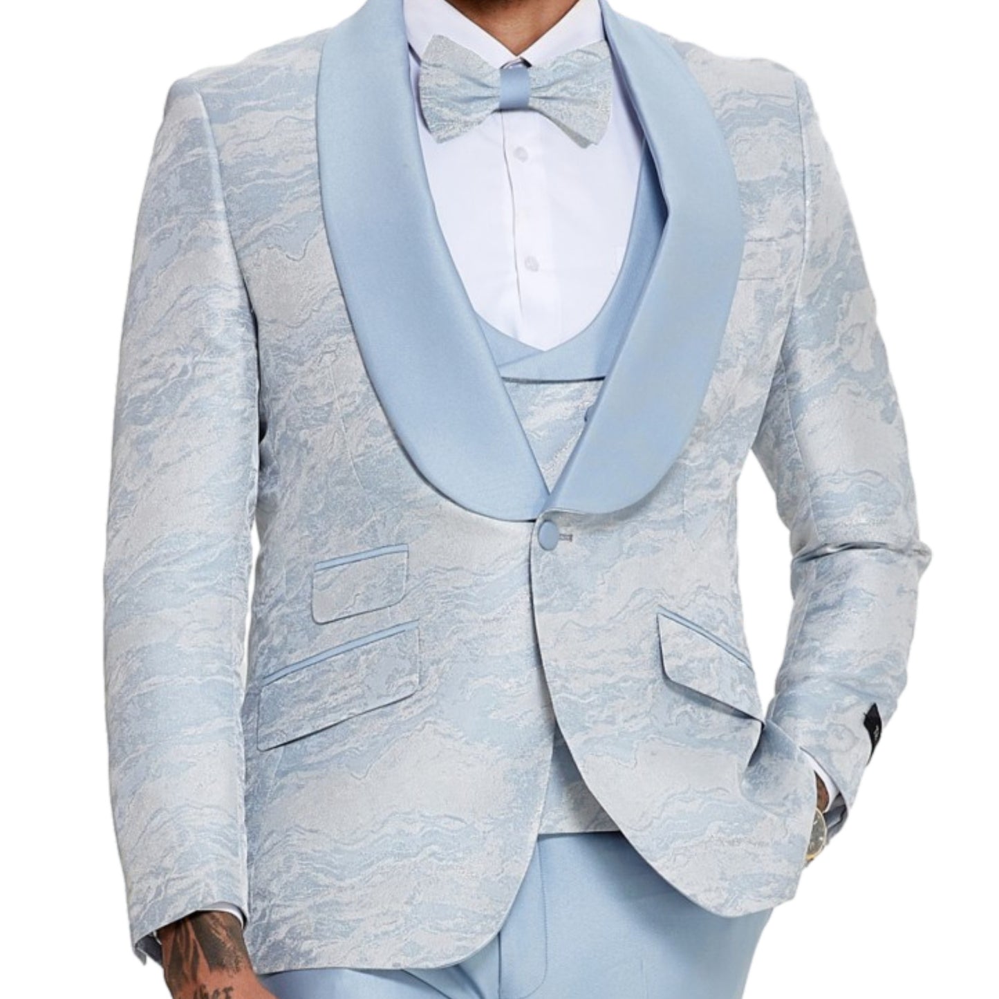 Powdered Blue Tuxedo Full Ensemble, Satin Powdered Blue Pants, Powdered Blue Satin Lapels on Jacket, Elegant Powdered Blue Vest, Detailed Powdered Blue Buttons, Slim Fit Tuxedo Style, Matching Powdered Blue Bowtie.