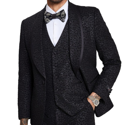 Jet Black Flower Tuxedo Full View, Jet Black Flower Pants Detail, Black Satin Trim Floral Lapel on Jacket, Jet Black Tuxedo with Flower Vest, Elegant Black Buttons, Slim Fit Men's Suit, Matching Jet Black Flower Bowtie.