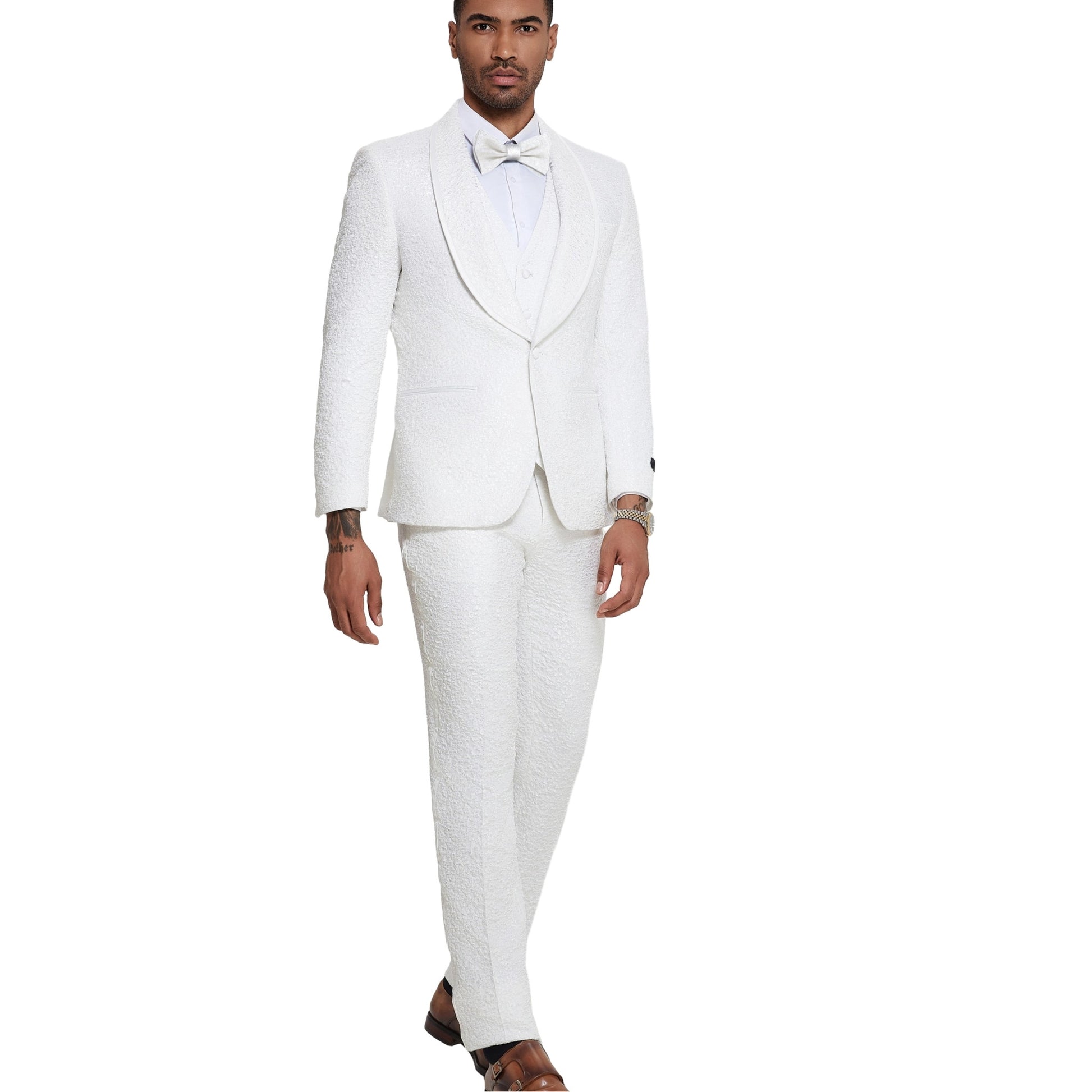 All White Flower Tuxedo Full Ensemble, All White Flower Pants, White Satin Trim Floral Lapel on Jacket, All White Tuxedo Vest, Elegant White Buttons, Slim Fit Men's Suit, Matching White Flower Bowtie.