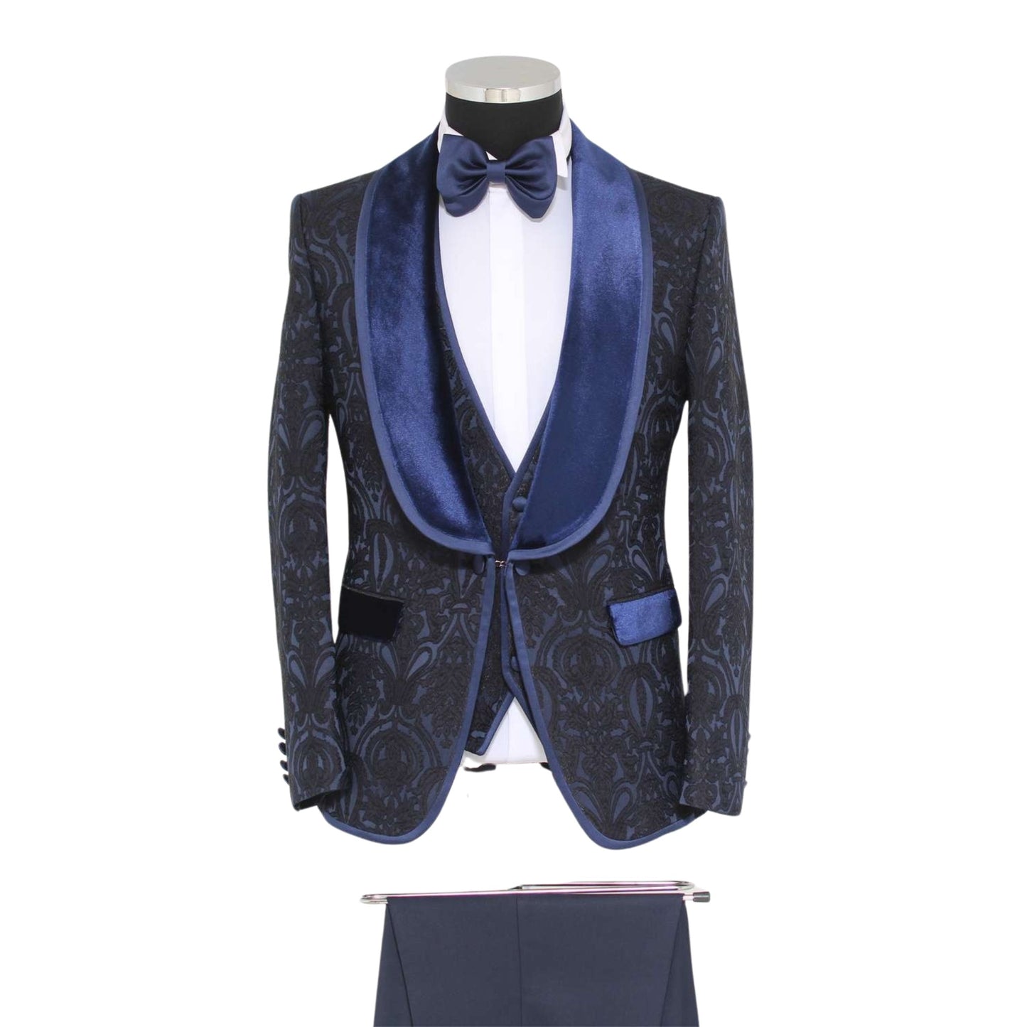 Navy and Midnight Blue Paisley Tuxedo, Velvet Midnight Blue Shawl Lapel, Slim Navy Pants, Paisley Vest with Midnight Blue Trim, Elegant Men's Formal Wear, Turkish Made Tuxedo.