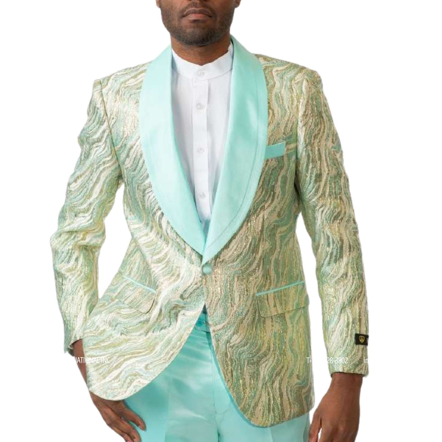 Mint Green & Gold Patterned Tuxedo Blazer – Luxury Prom & Wedding Jacket