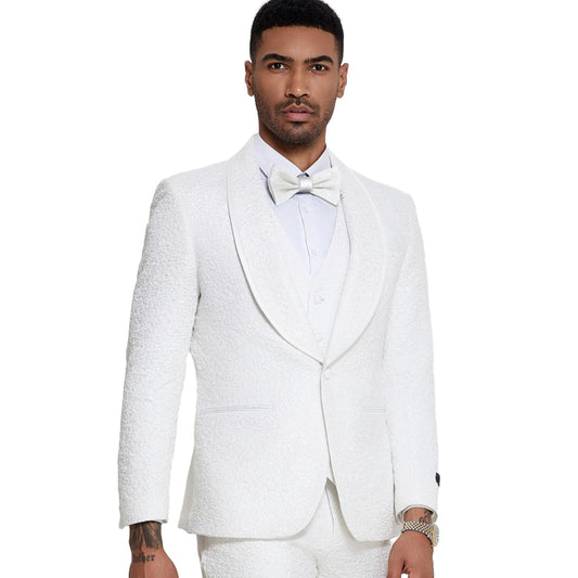 All White Flower Tuxedo Full Ensemble, All White Flower Pants, White Satin Trim Floral Lapel on Jacket, All White Tuxedo Vest, Elegant White Buttons, Slim Fit Men's Suit, Matching White Flower Bowtie.