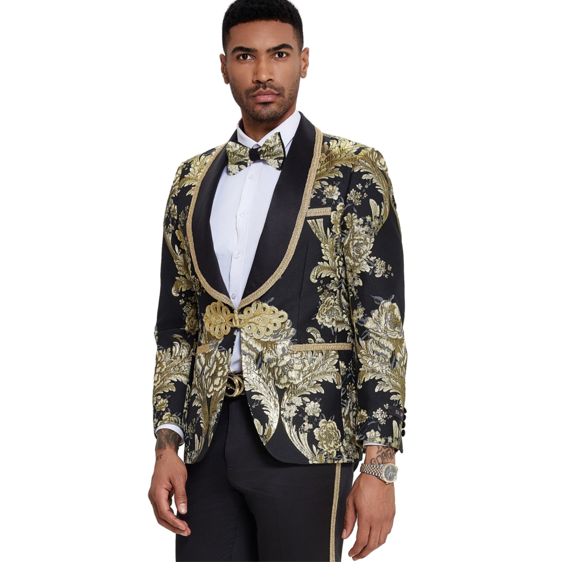 Black and Gold Tuxedo Ensemble, Black and Gold Tuxedo Jacket, Black Shawl Lapel with Gold Trim, Black Tuxedo Pants with Gold Trim, Matching Black and Gold Design Bowtie, Slim Fit Tuxedo Style.