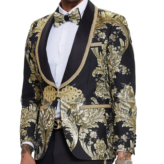 Black and Gold Tuxedo Ensemble, Black and Gold Tuxedo Jacket, Black Shawl Lapel with Gold Trim, Black Tuxedo Pants with Gold Trim, Matching Black and Gold Design Bowtie, Slim Fit Tuxedo Style.