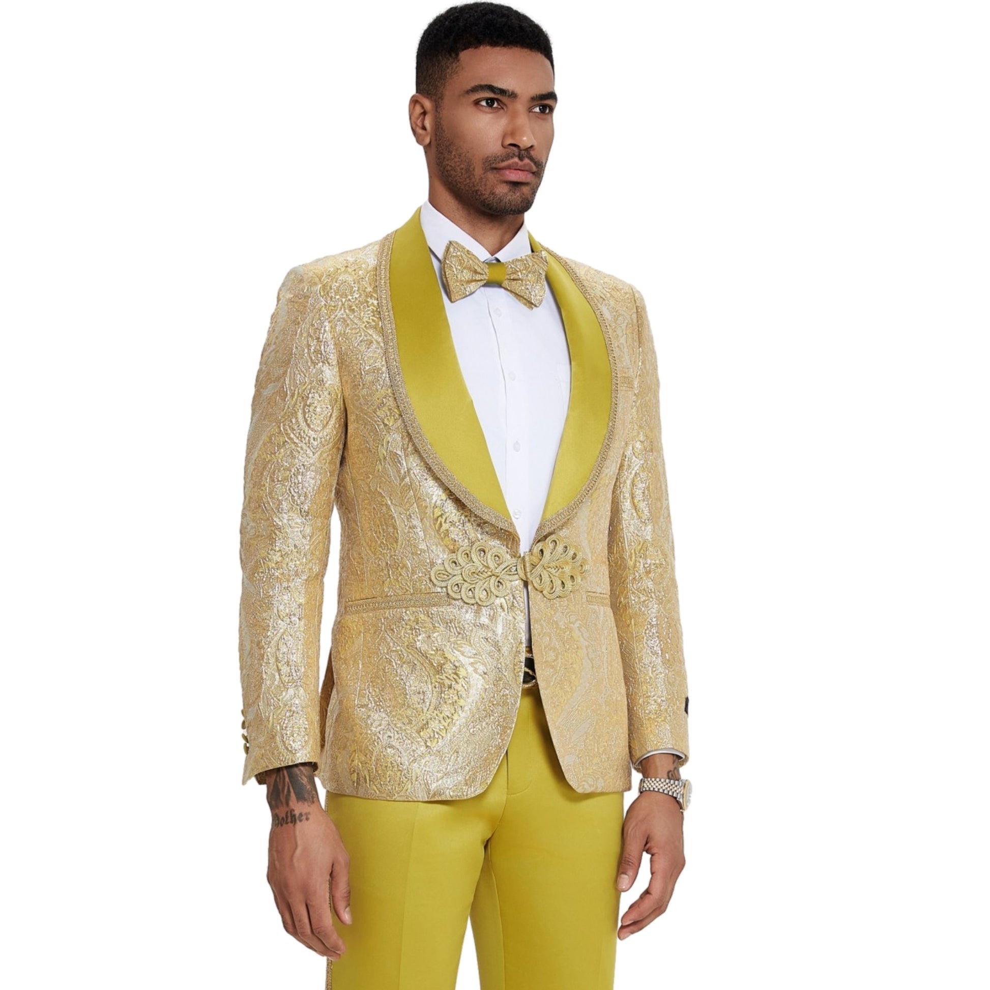 Golden Yellow Tuxedo Full View, Golden Yellow Shawl Lapel with Gold Trim, Satin Golden Yellow Pants, Matching Golden Yellow Bowtie, Slim Fit Tuxedo Style.