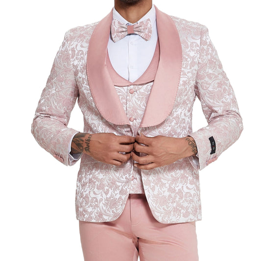 Blush Pink Paisley Tuxedo, Satin Blush Pink Pants, Blush Pink Tuxedo with Shawl Lapels, Satin Lapels on Vest, Blush Buttons Detail, Slim Fit Men's Suit, Blush Pink Bowtie.