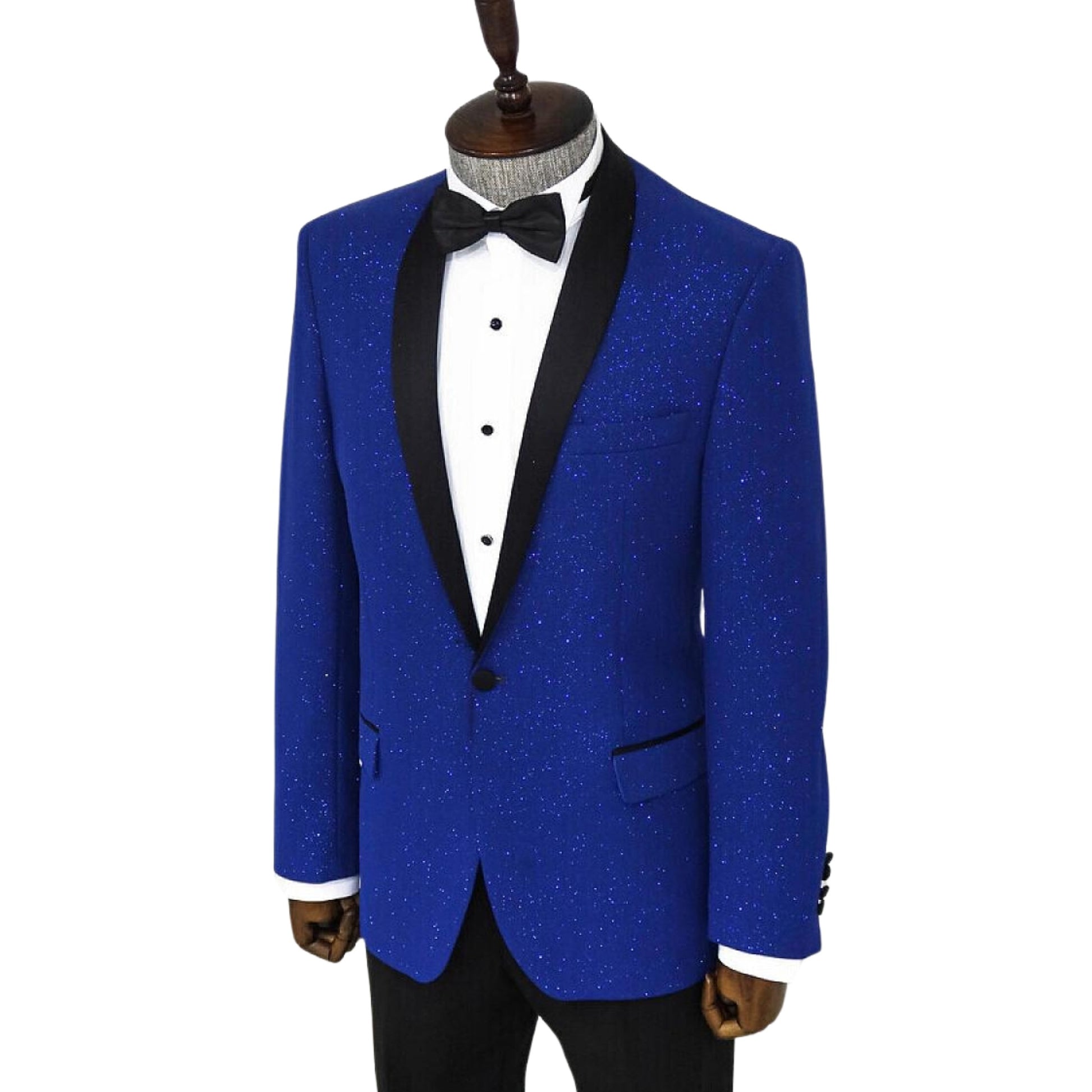 Man in KCT Menswear's royal blue sparkle tuxedo jacket exuding elegance at formal events.