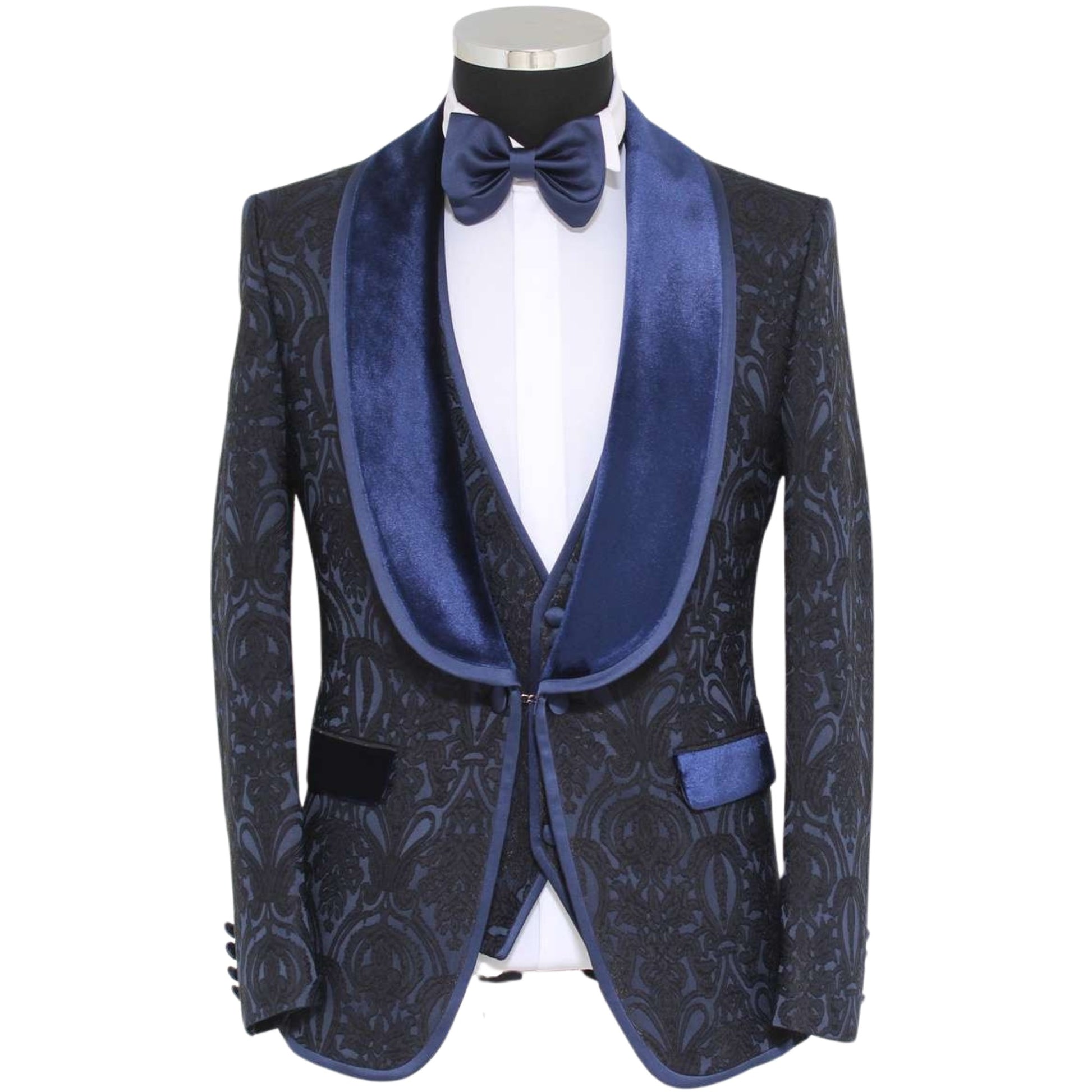 Navy and Midnight Blue Paisley Tuxedo, Velvet Midnight Blue Shawl Lapel, Slim Navy Pants, Paisley Vest with Midnight Blue Trim, Elegant Men's Formal Wear, Turkish Made Tuxedo.