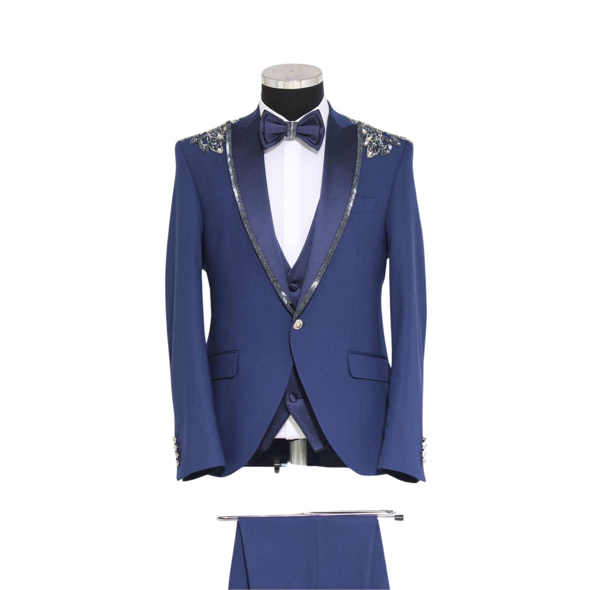 Sparkle Silver and Blue Tuxedo, Satin Blue Vest, Silver Trim Satin Blue Lapel, Silver Shoulder Pad Design, Slim Satin Blue Pants, Satin Blue Buttons, Elegant Men's Formal Wear, Made in Turkey.