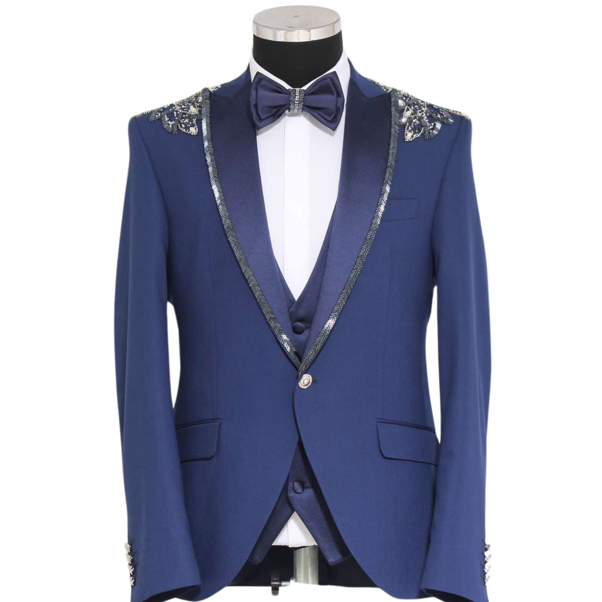 Sparkle Silver and Blue Tuxedo, Satin Blue Vest, Silver Trim Satin Blue Lapel, Silver Shoulder Pad Design, Slim Satin Blue Pants, Satin Blue Buttons, Elegant Men's Formal Wear, Made in Turkey.