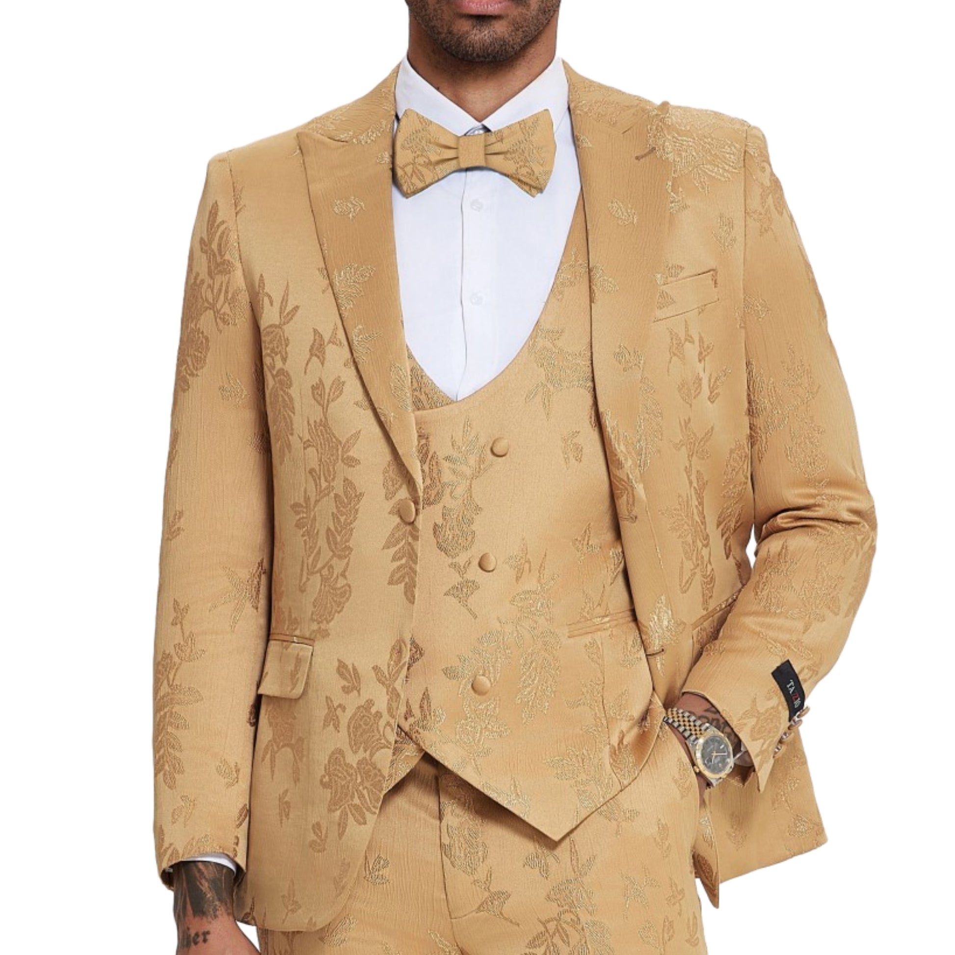 All Gold Satin Paisley Suit Full View, Gold Satin Paisley Pants, Gold Satin Paisley Jacket, Elegant Gold Satin Paisley Vest, Detailed Gold Buttons, Slim Fit Suit Style, Matching Gold Satin Paisley Bowtie.