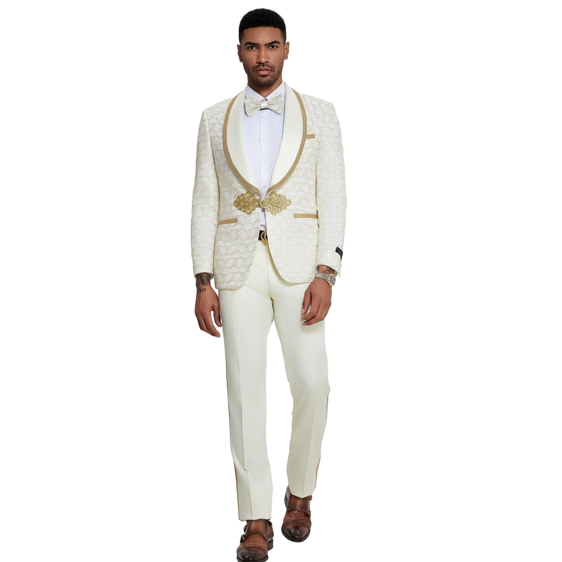 Ivory and Gold Circle Tuxedo Full View, Satin Ivory Pants, Ivory Satin Lapels with Gold Trim, Elegant Gold Buttons, Slim Fit Men's Suit, Matching Ivory and Gold Circle Bowtie.