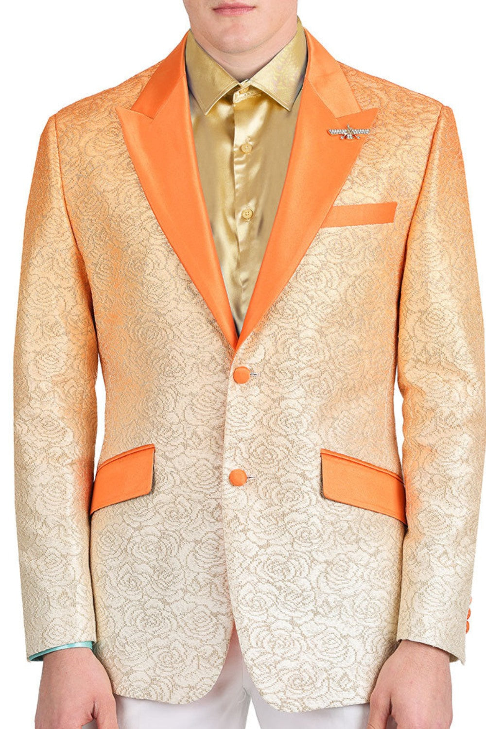 A stylish high school student wearing KCT Menswear's Dazzling Prom Blazer, showcasing its stunning two-tone orange fading effect, silver floral pattern, and gradient design - perfect for a memorable prom night.