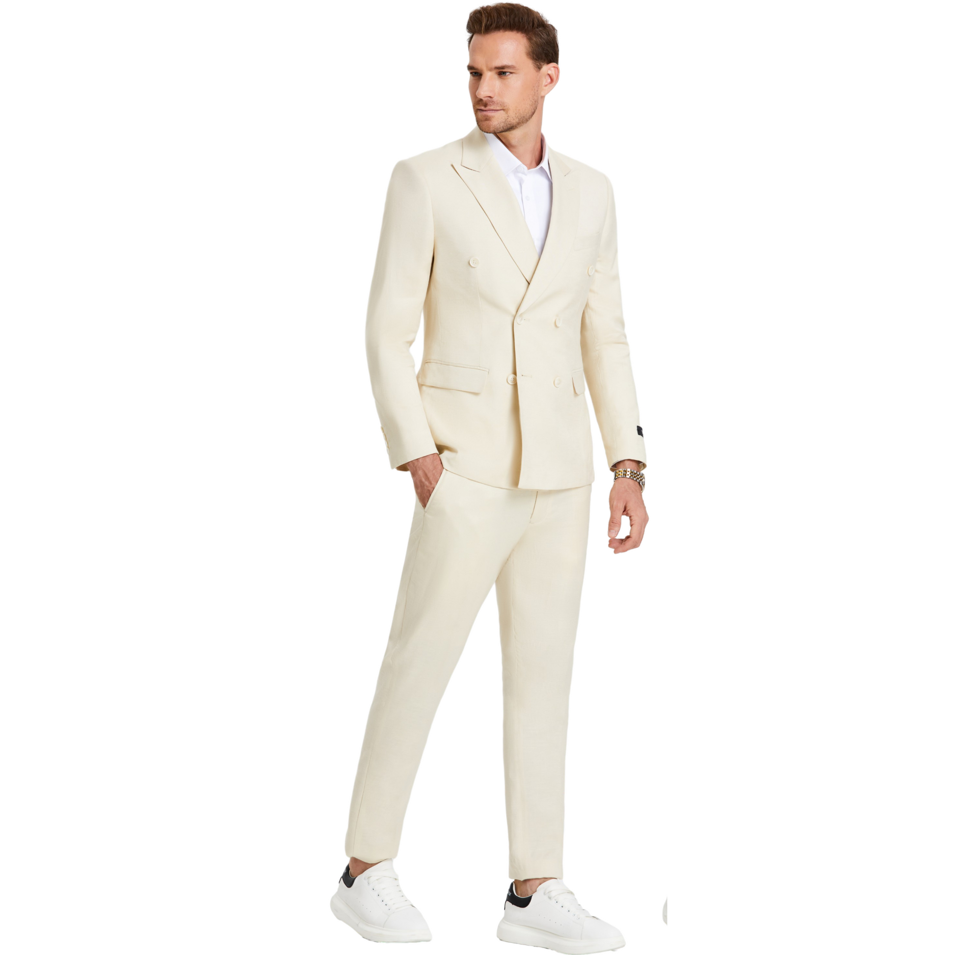 Model showcasing KCT Menswear Ivory Double-Breasted Suit, perfect for a sharp summer look