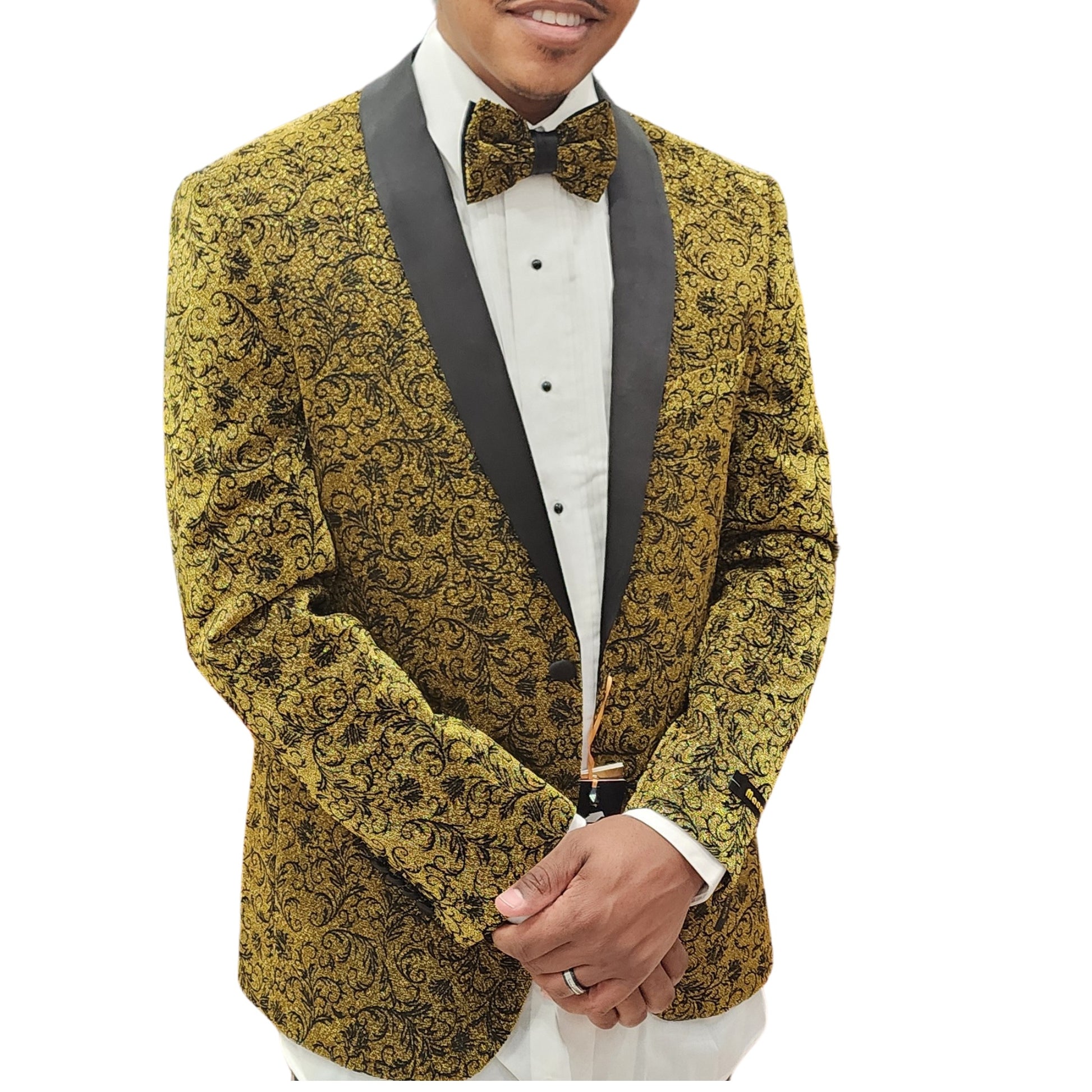 "KCT Menswear's baroque-patterned golden tuxedo jacket radiates luxury for weddings and proms.