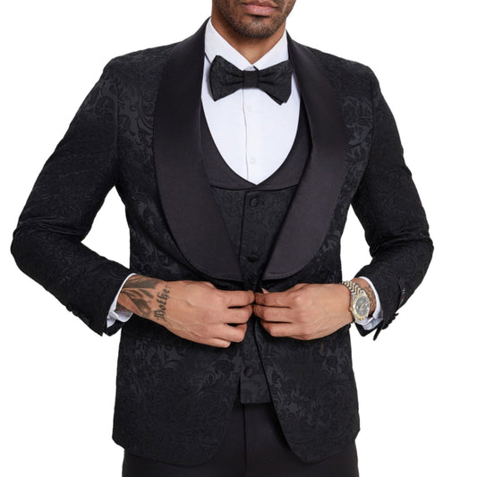 Black Paisley Tuxedo Full View, Satin Black Pants Detail, Black Satin Shawl Lapels on Jacket, Black Tuxedo with Satin Vest, Elegant Black Buttons Close-Up, Slim Fit Black Suit, Black Paisley Bowtie Match.