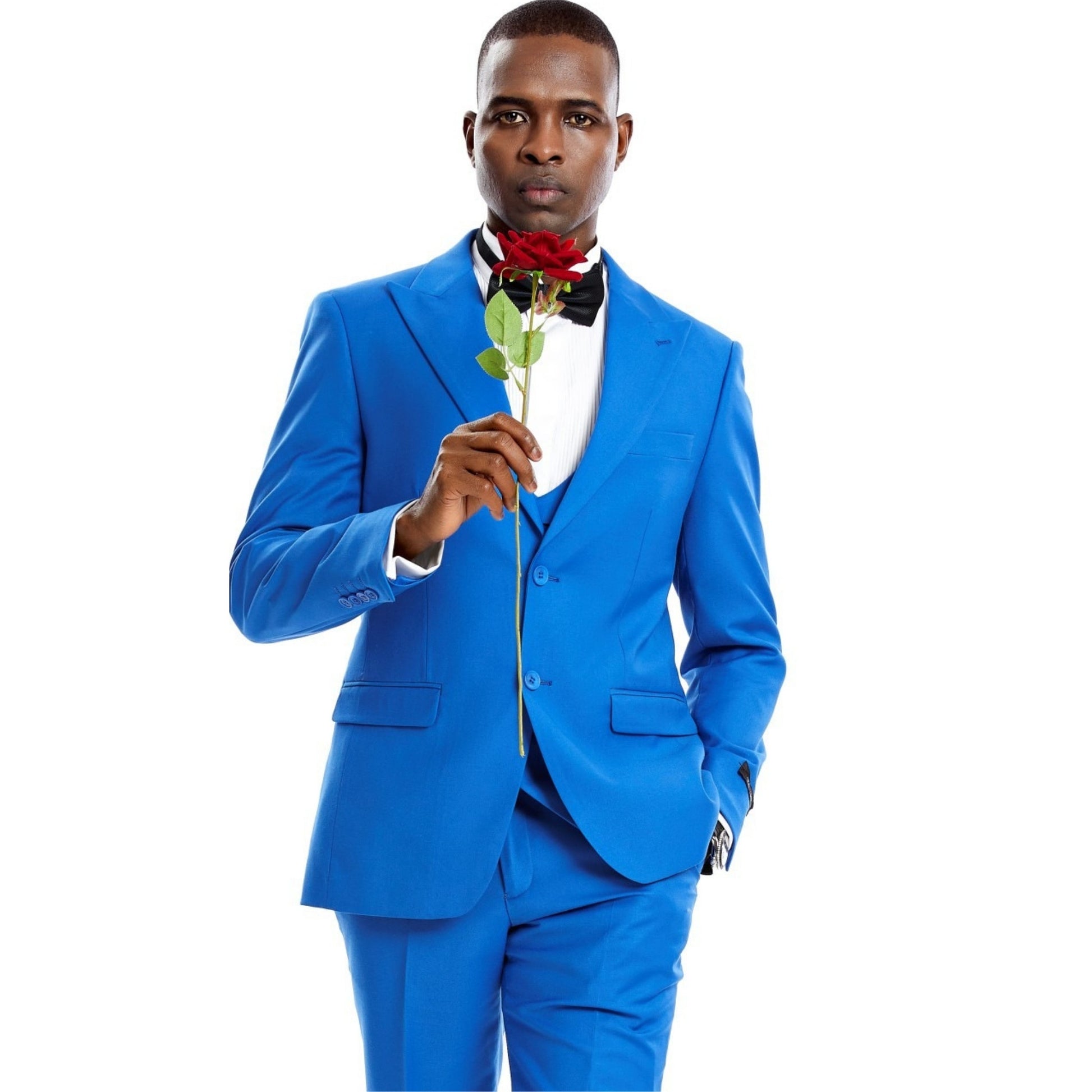 Dashing gentleman in a cerulean blue suit holding a red rose, ready for prom.