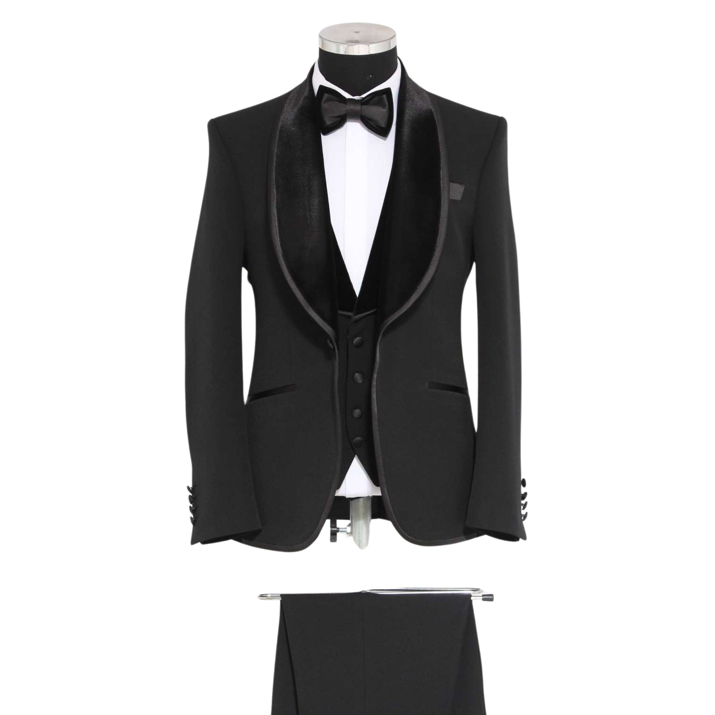 Jet Black Three-Piece Tuxedo, Black Velvet Shawl Lapel, Stain Trimming on Pockets, Black Vest with Velvet Lapel, Satin Black Buttons, Slim Black Pants, Elegant Men's Formal Wear, Made in Turkey.