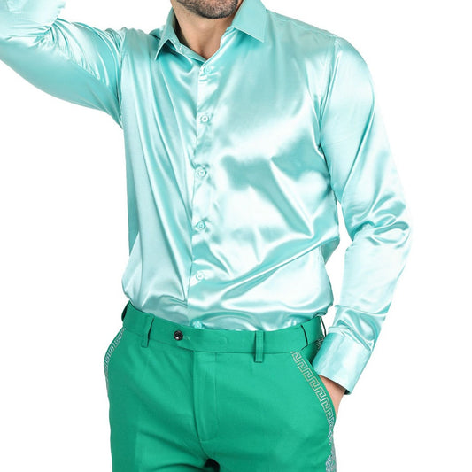 Man exuding cool elegance in KCT Menswear's aqua satin dress shirt.