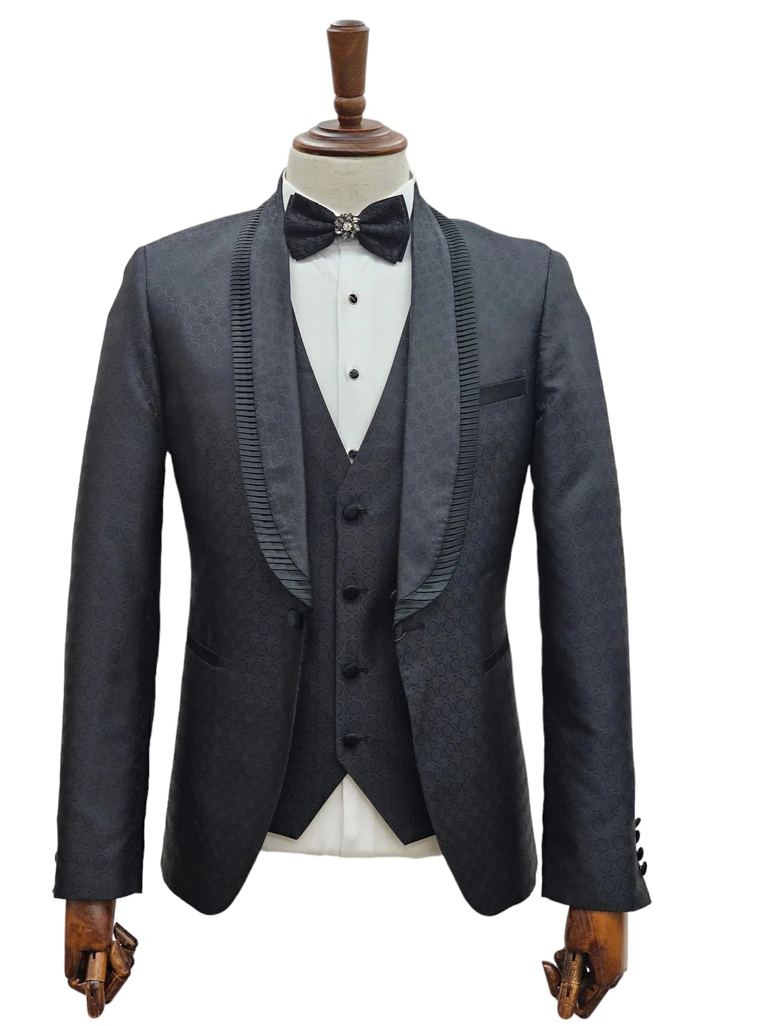 Chic black designer tuxedo suit with detailed lapels by KCT Menswear.