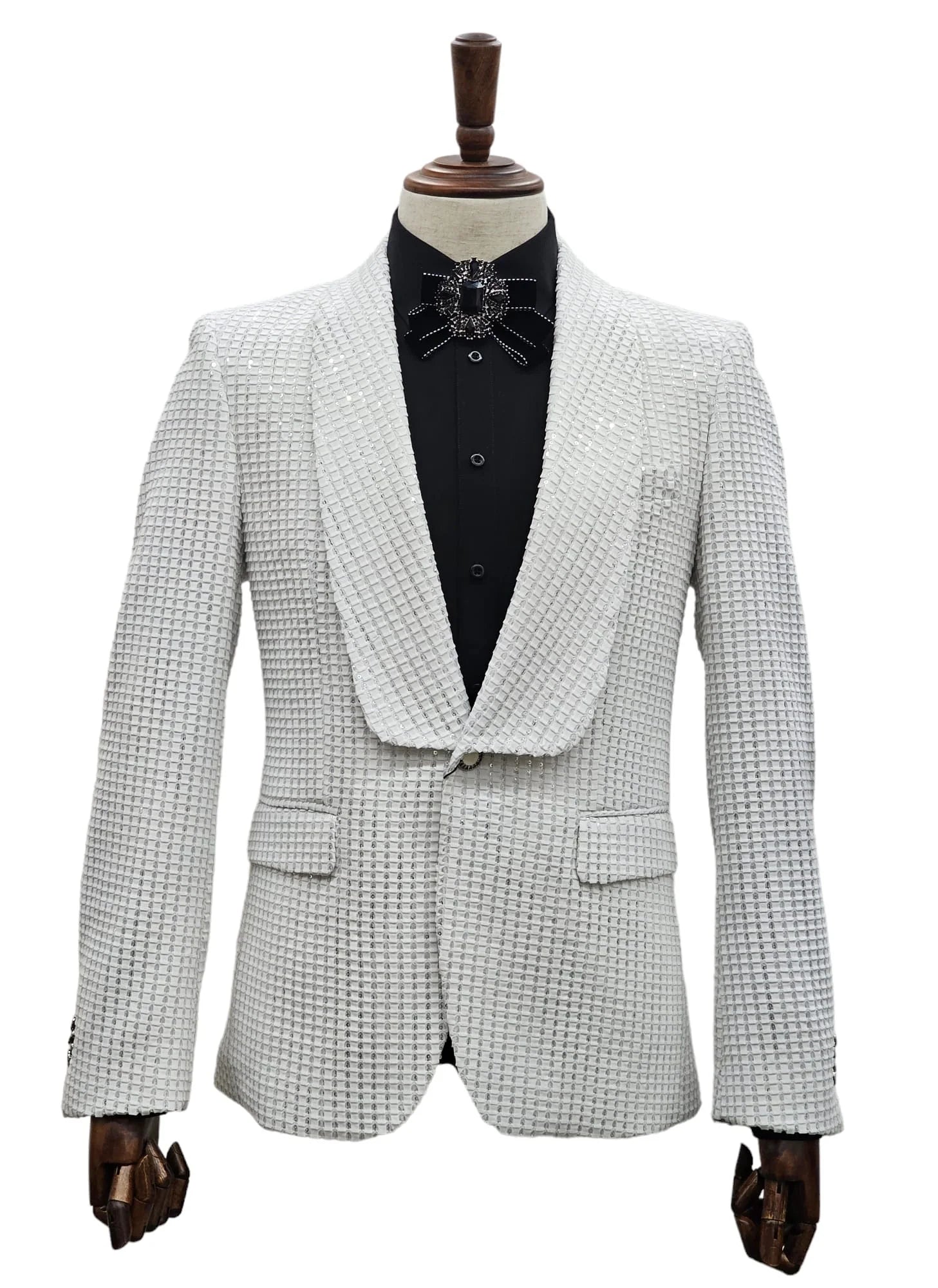 Elegant white sequin tuxedo suit by KCT Menswear, ideal for proms and weddings.