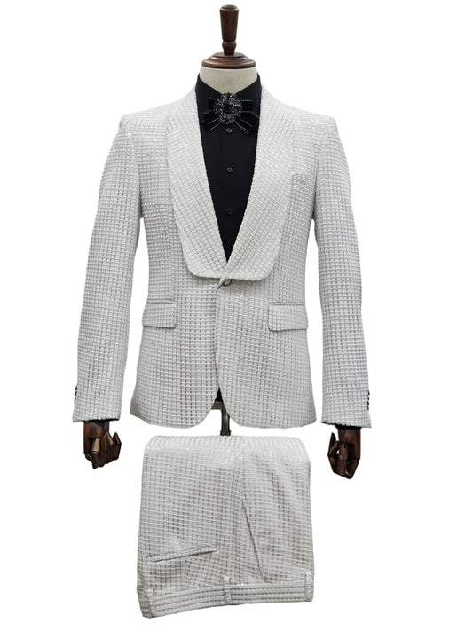 Elegant white sequin tuxedo suit by KCT Menswear, ideal for proms and weddings.