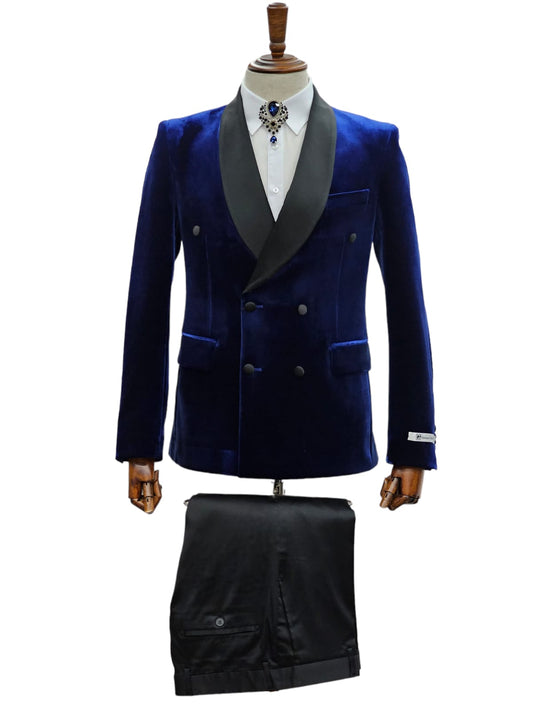 KCT Menswear Navy Velvet Double Breasted Tuxedo Fall 2023