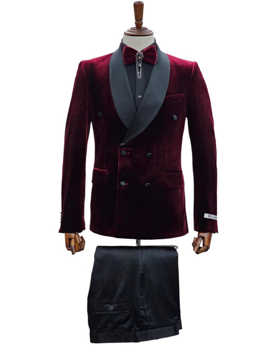 KCT Menswear Burgundy Velvet Double Breasted Tuxedo Fall 2023