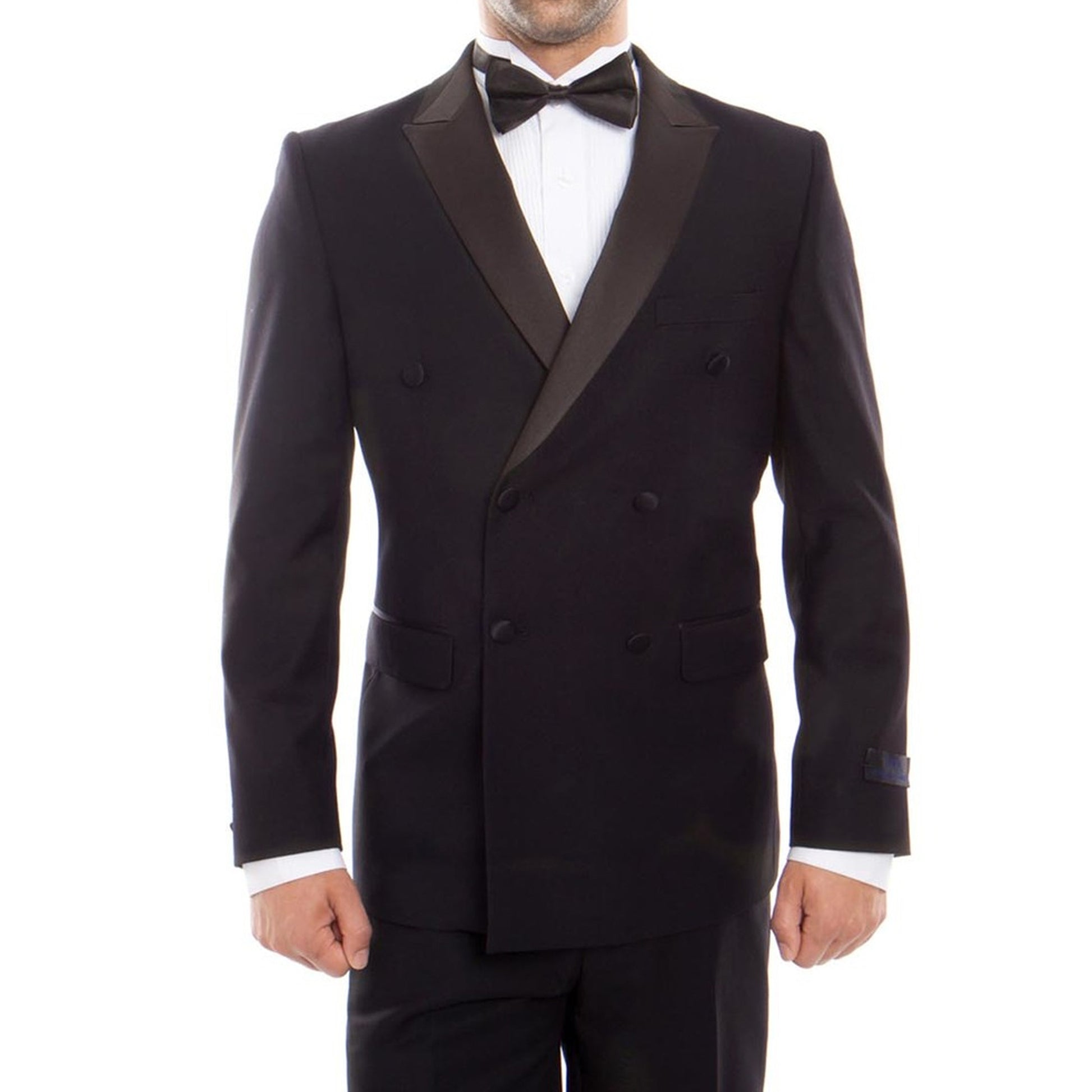 Men's Slim-Fit Black Double-Breasted Tuxedo with Satin Peak Lapel