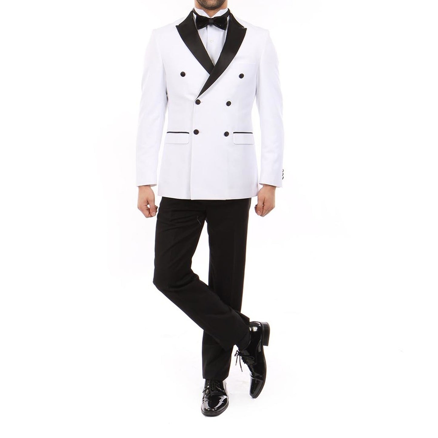 Men's Slim-Fit White Double-Breasted Tuxedo with Black Satin Peak Lapel