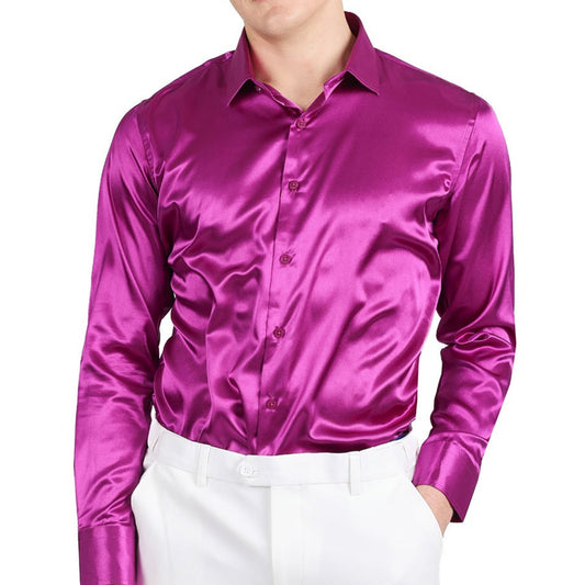 Chic KCT Menswear fuchsia satin dress shirt for a stylish evening.