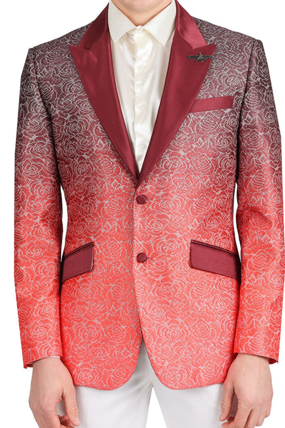 A stylish high school student wearing KCT Menswear's Dazzling Prom Blazer, showcasing its stunning two-tone red fading effect, silver floral pattern, and gradient design - perfect for a memorable prom night.