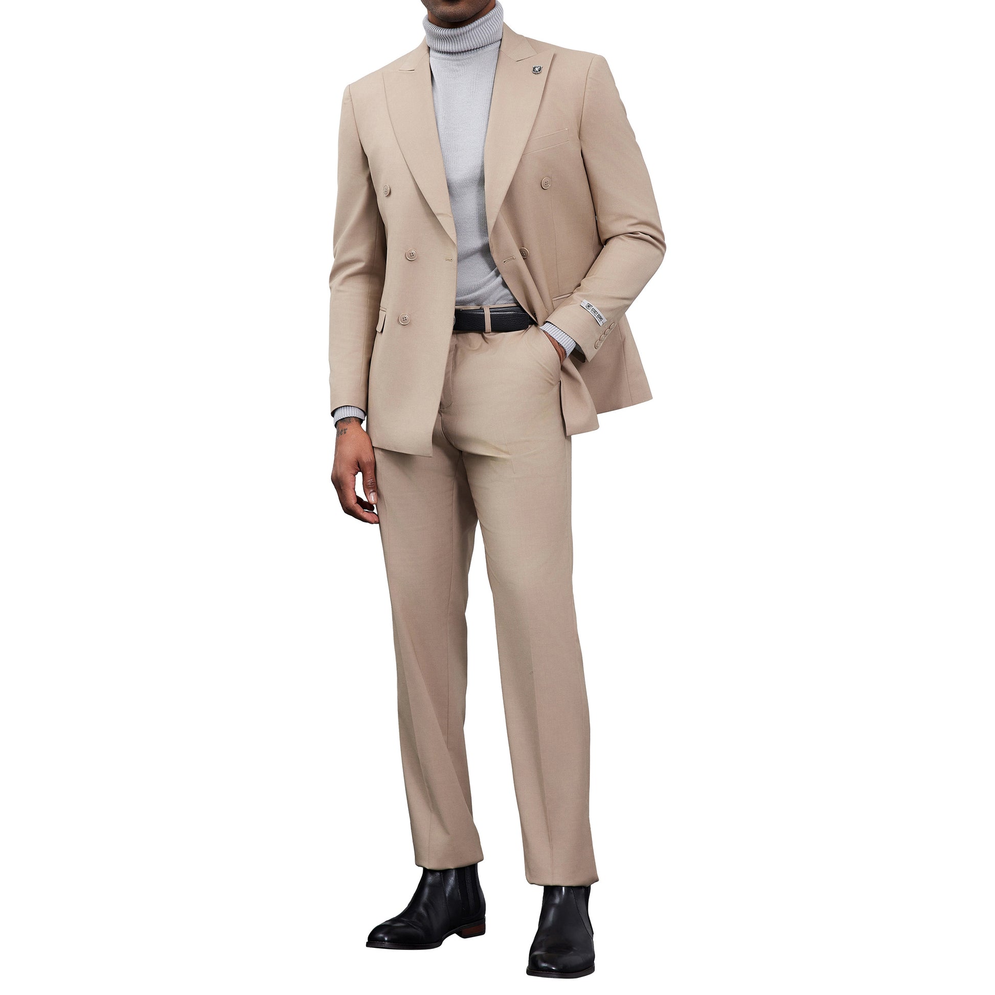 Men's Double-Breasted Beige Suit – Modern Slim Fit