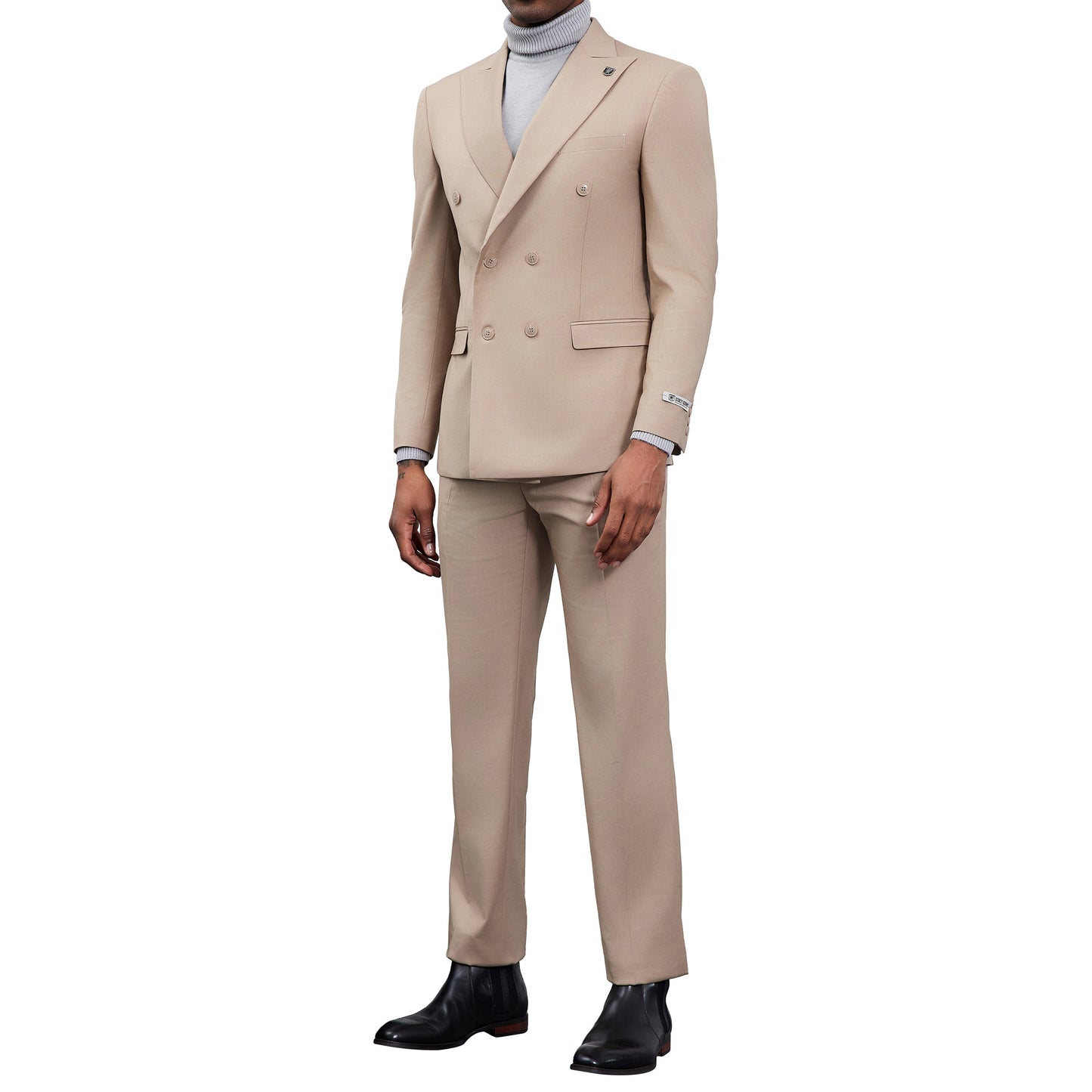 Men's Double-Breasted Beige Suit – Modern Slim Fit