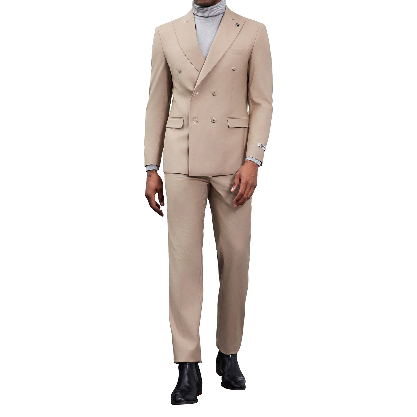 Men's Double-Breasted Beige Suit – Modern Slim Fit