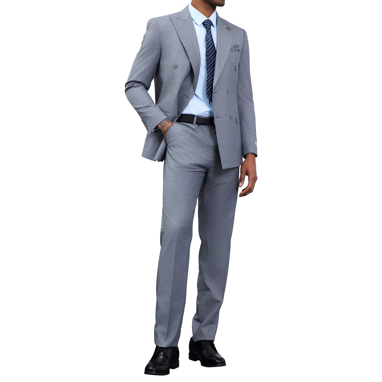 Men's Double-Breasted Light Grey Suit – Modern Slim Fit