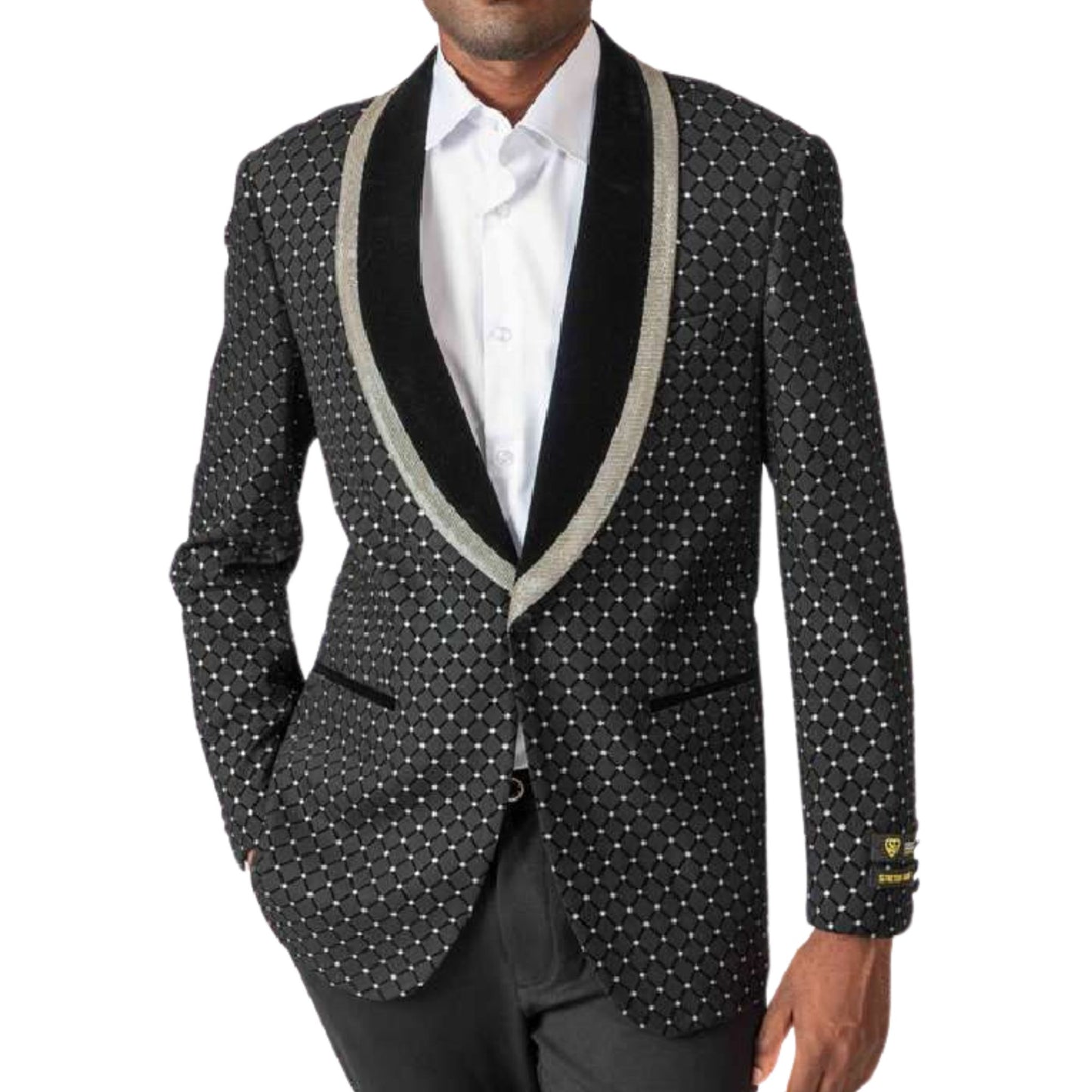 Men’s Black Diamond Pattern Tuxedo Blazer for Prom 2025, featuring a geometric diamond pattern fabric with a velvet shawl lapel and silver rhinestone trim.