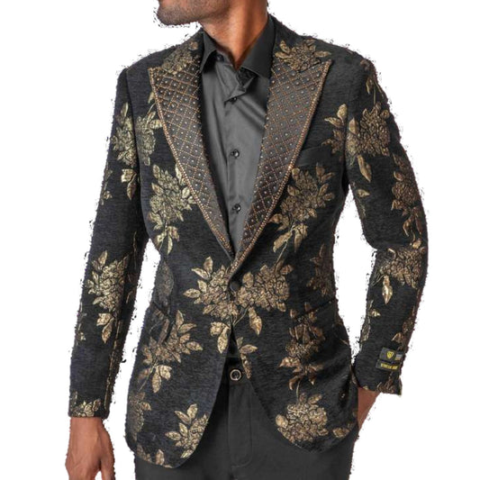 Men’s Black & Gold Floral Tuxedo Blazer for Prom 2025, featuring a luxurious black fabric with gold floral detailing and an embellished peak lapel for a refined look.