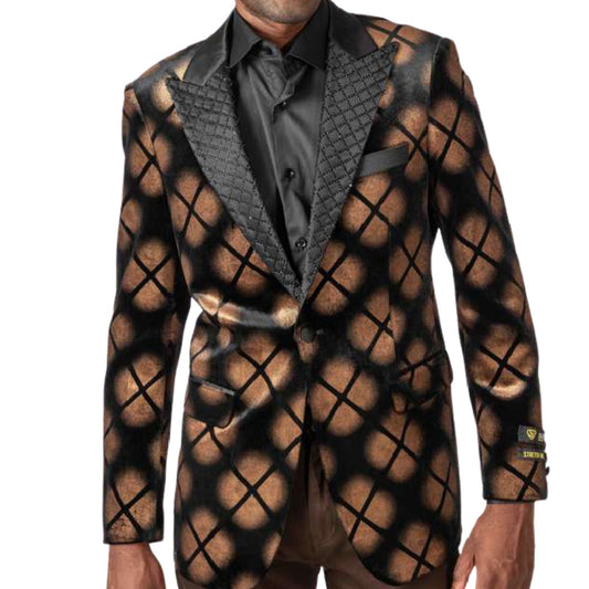 Men’s Bronze & Black Geometric Tuxedo Blazer for Prom 2025, featuring a bold geometric pattern on bronze velvet fabric with a quilted black peak lapel for a modern look.