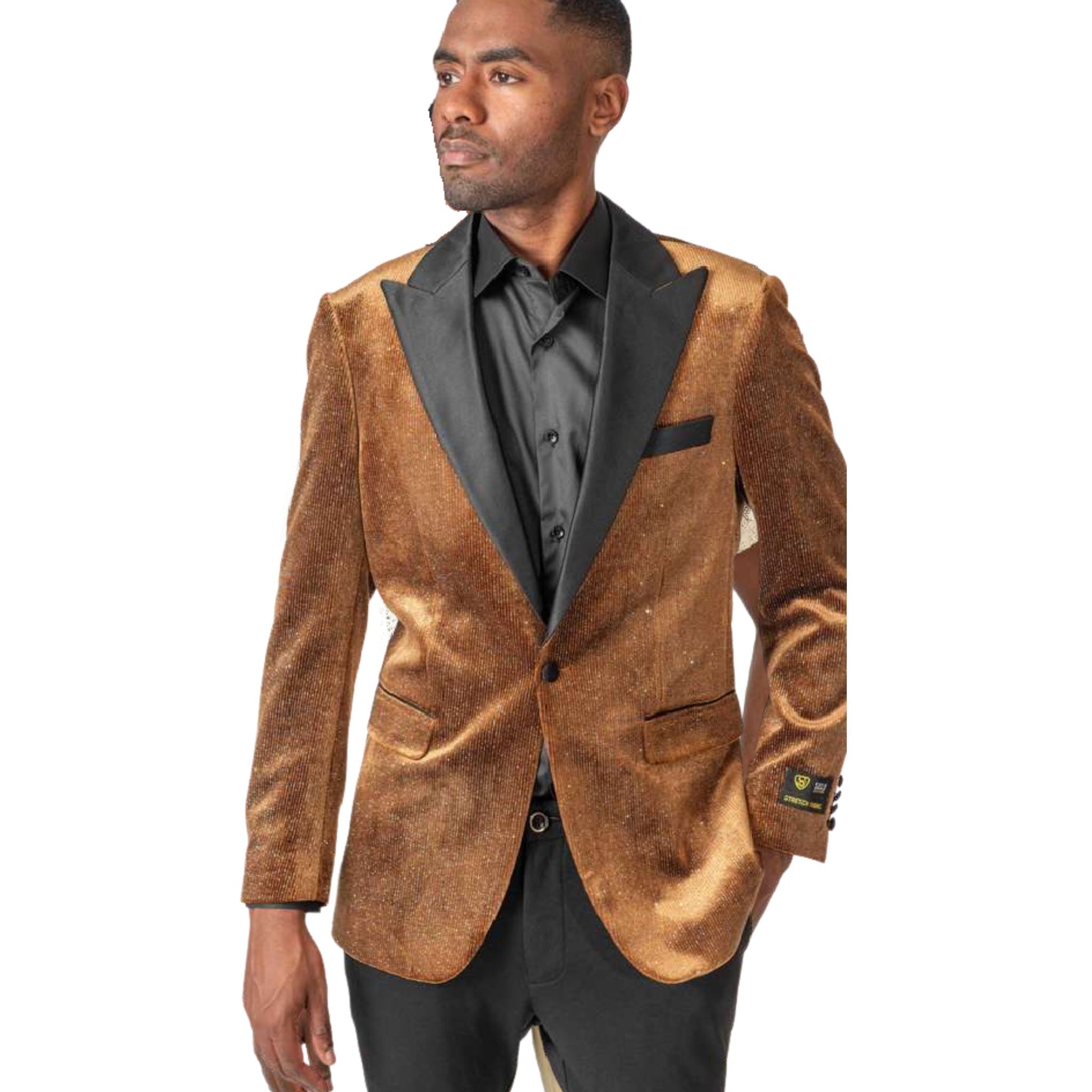 Men’s Bronze Velvet Tuxedo Blazer for Prom 2025, featuring a shimmering bronze velvet fabric with a black satin peak lapel for an elegant and bold formal look.