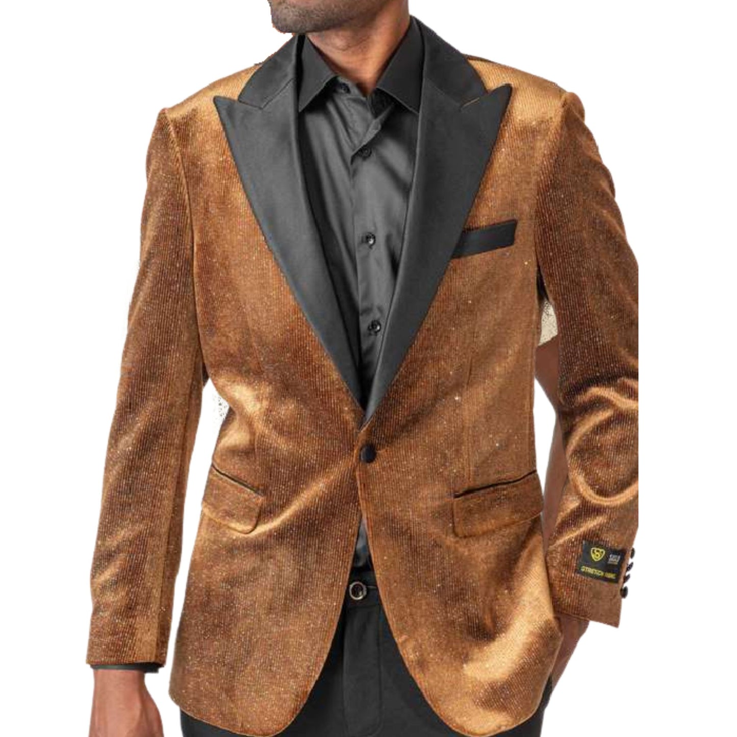 Men’s Bronze Velvet Tuxedo Blazer for Prom 2025, featuring a shimmering bronze velvet fabric with a black satin peak lapel for an elegant and bold formal look.