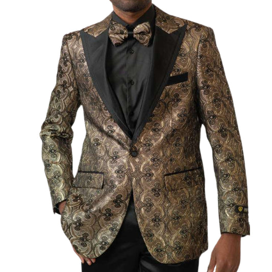 Men’s Gold & Black Paisley Tuxedo Blazer for Prom 2025, featuring a luxurious gold brocade pattern with a black satin peak lapel for a refined and elegant look.