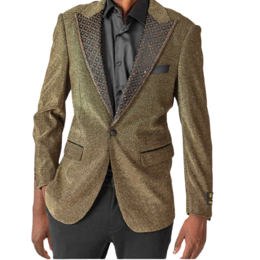 Men’s Gold Glitter Tuxedo Blazer for Prom 2025, featuring a shimmering gold fabric with an embellished black satin peak lapel for a bold and elegant formal look.