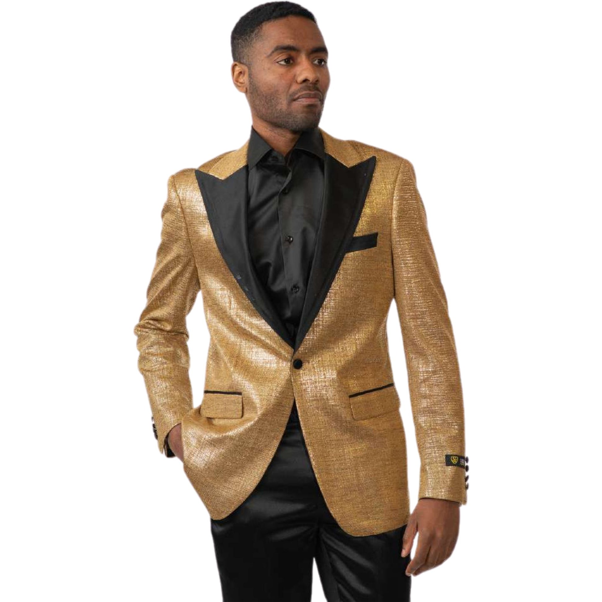 Men’s Gold Sequin Tuxedo Blazer for Prom 2025, featuring a shimmering gold fabric with a black satin peak lapel for a bold and elegant formalwear statement.