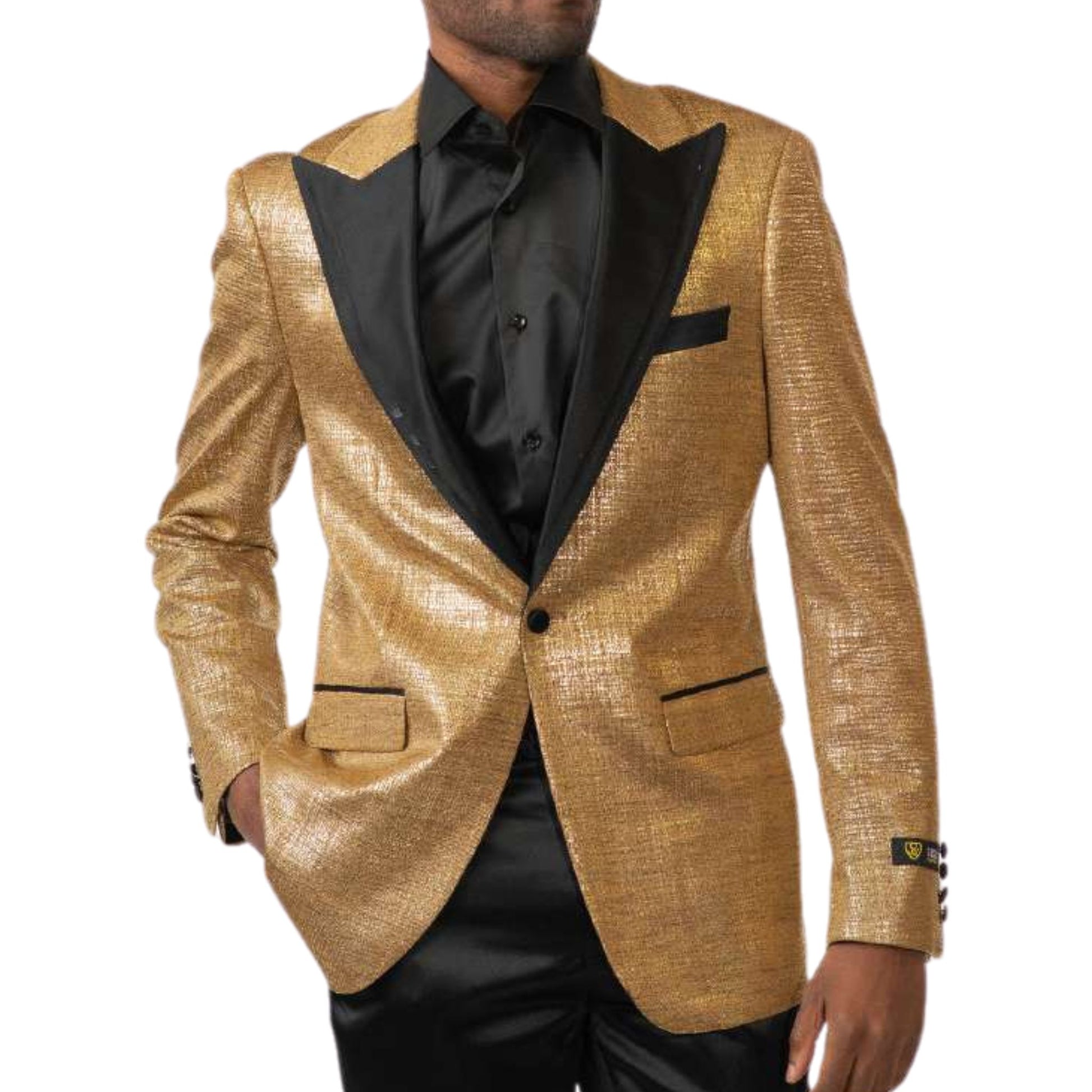 Men’s Gold Sequin Tuxedo Blazer for Prom 2025, featuring a shimmering gold fabric with a black satin peak lapel for a bold and elegant formalwear statement.